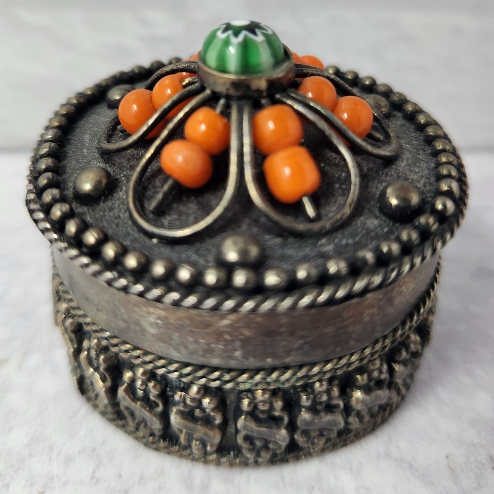 Vtg Ornate MILLEFIORI GLASS Silverplate Trinket Box Velvet Lined 1.5" Tall Italy